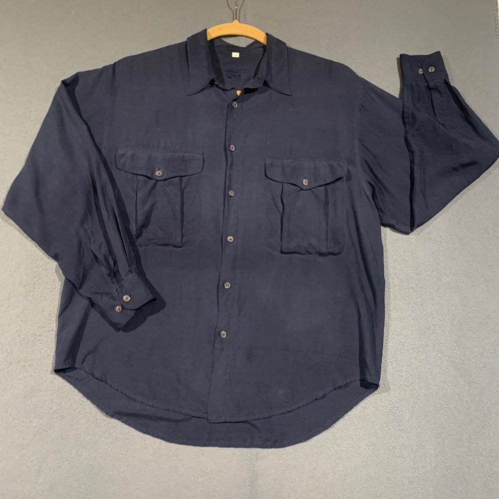 Barry Bricken 100% Silk Button Front Shirt Mens Large Navy Blue Safari Utility